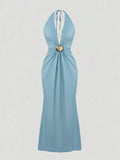 Maxi Dress Spring Summer Women Light Blue Halter Neck Twist Front Sexy Elegant Party Date Evening Club Dress